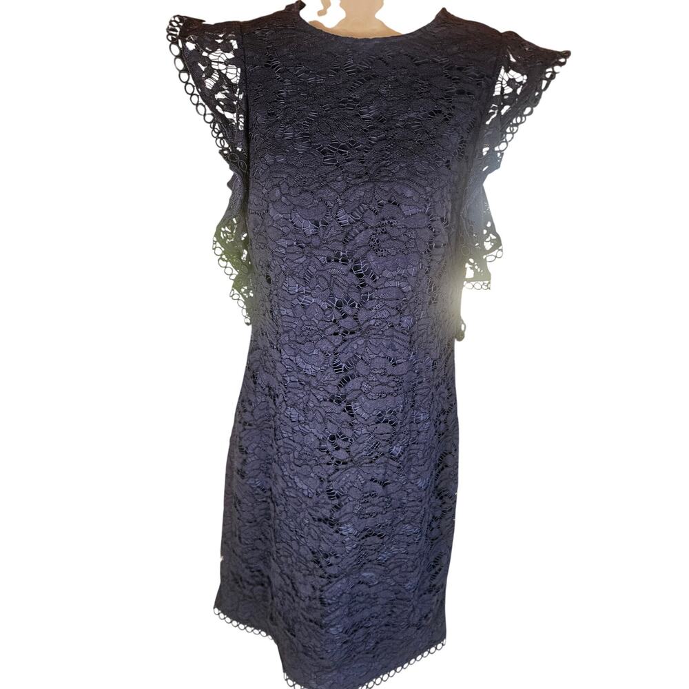 Vince Camuto Navy Blue Lace Dress Sz 4 Ruffled Sleeveless Zip Up Body Con - Picture 2 of 9
